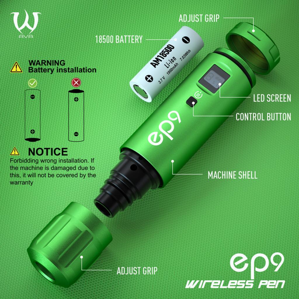 AVA GT EP9 Vezeték nélküli akkumlátoros Pen Tetoválógép (Zöld) - 4,2mm