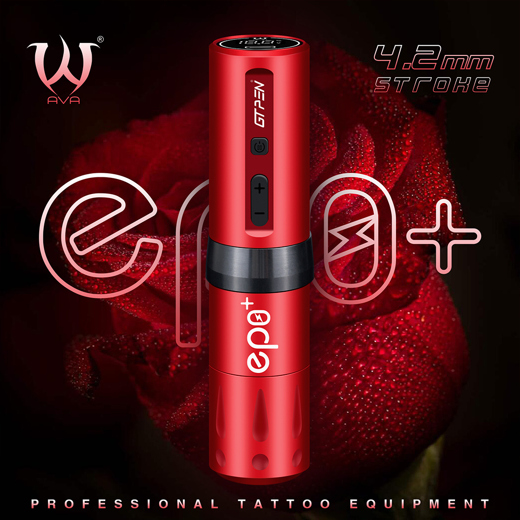 AVA EP8+ Luxury Kit - Vezeték nélküli akkumulátoros Tetoválógép (4.2mm) - Piros